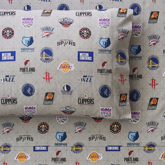 Pottery Barn NBA Western Conference Queen Sheet Set Flat Fitted 2 Pillowcases - Picture 1 of 9
